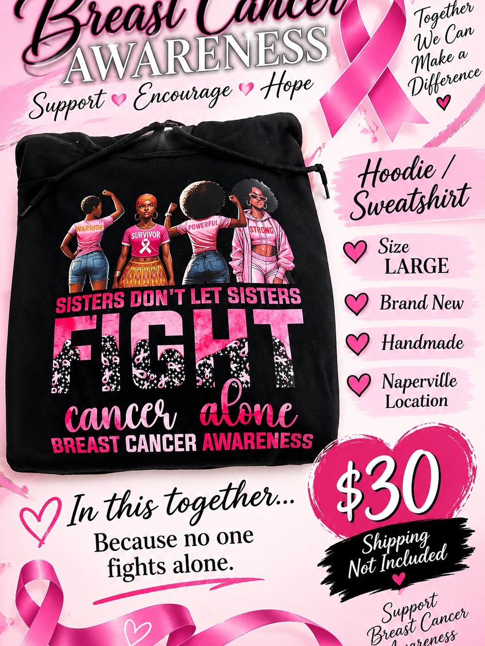 Breast Cancer Awareness Hoodie Sweatshirt - Black & Pink